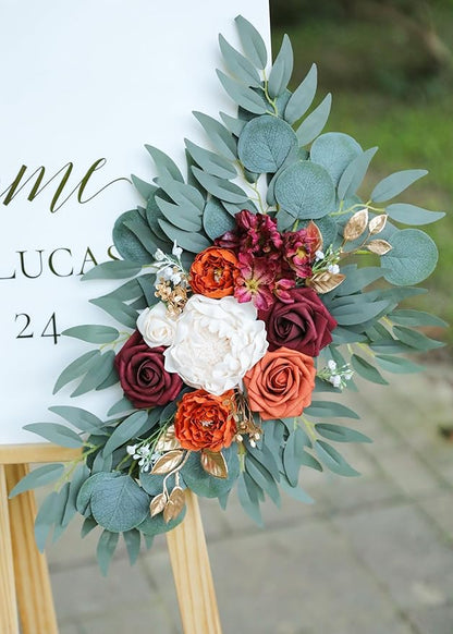 Artificial Burnt Orange Wedding Arch Flowers Swags (Set of 2) for Welcome Signs Floral and Wedding Church Decoration Ceremony, Anniversary, etc, Burgundy Roses Flowers