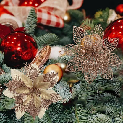 24Pcs Christmas Poinsettia Artificial Flowers and Glitter Berries Kit, 2 Styles Total 16Pcs Christmas Tree Flowers Ornaments, 8Pcs Christmas Tree Picks for Wedding Holiday Decorations, Rose Gold