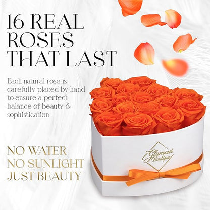 GLAMOUR BOUTIQUE Preserved Roses in a Box - Gifts for Her, Wife & Mom, Rose Flowers Forever Decor for Birthday Gift, Get Well Flower Bouquet Cased in White Box with Cover - Orange - 16-Piece