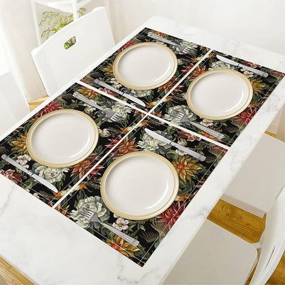 Vintage Floral Placemats Set of 4, 17x12 Inch Colorful Flowers Birds Green Leaves Black Retro Aesthetic Art Print Table Mats for Home Party Kitchen Dining Decor
