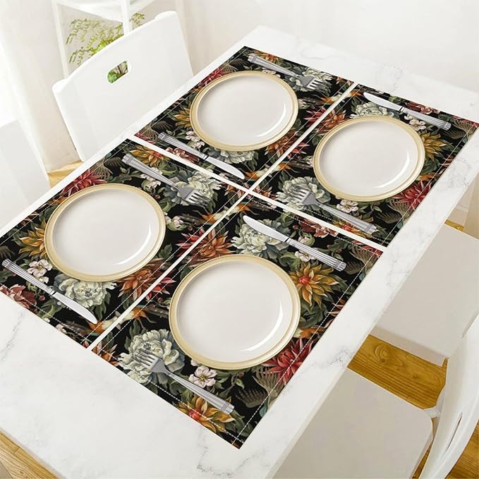 Vintage Floral Placemats Set of 6, 17x12 Inch Colorful Flowers Birds Green Leaves Black Retro Aesthetic Art Print Table Mats for Home Party Kitchen Dining Decor