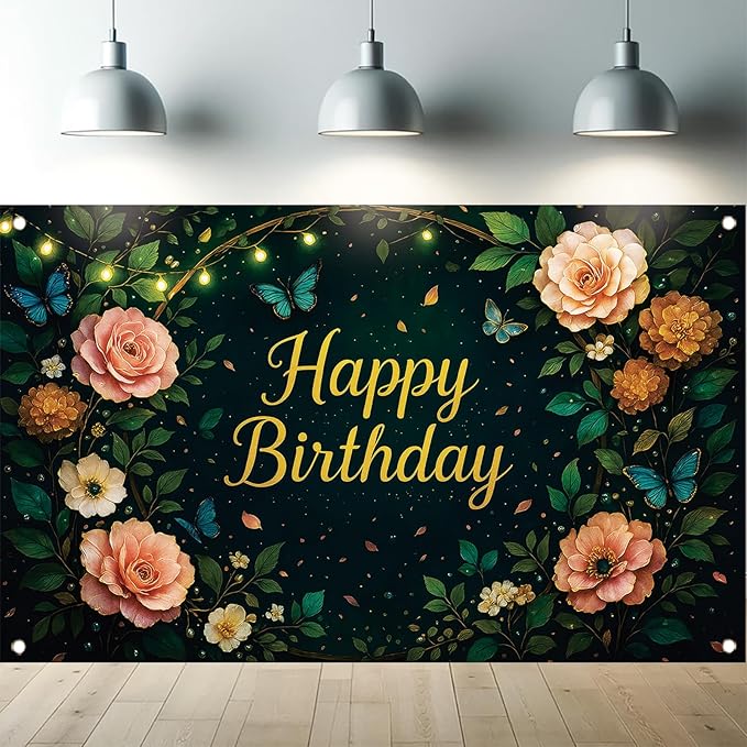 Greenery Birthday Backdrop Sage Green Floral Butterfly Banner String Lights Party Decorations Photography Background for Women Girls Birthday Supplies Photo Booth Prop 71 x 43 Inch