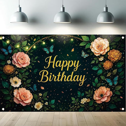Greenery Birthday Backdrop Sage Green Floral Butterfly Banner String Lights Party Decorations Photography Background for Women Girls Birthday Supplies Photo Booth Prop 71 x 43 Inch