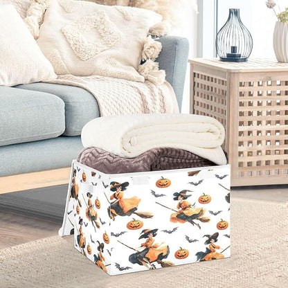 Halloween Baskets Collapsible Storage Bins with Lids, Witch Pumpkin Bat Pattern Storage Boxes Clothes Baskets for Organizing