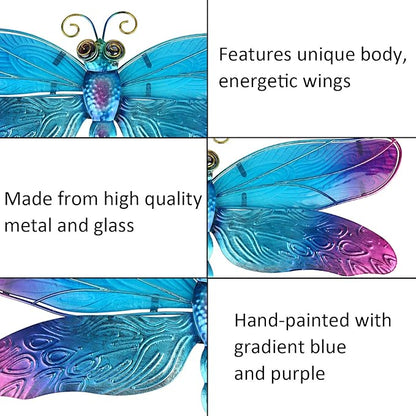John's Studio Metal Dragonfly Wall Decor Bathroom Glass Art Iron Sculpture Outdoor Orange Hanging Decoration for Home Bedroom Garden Patio Porch or Fence - Blue