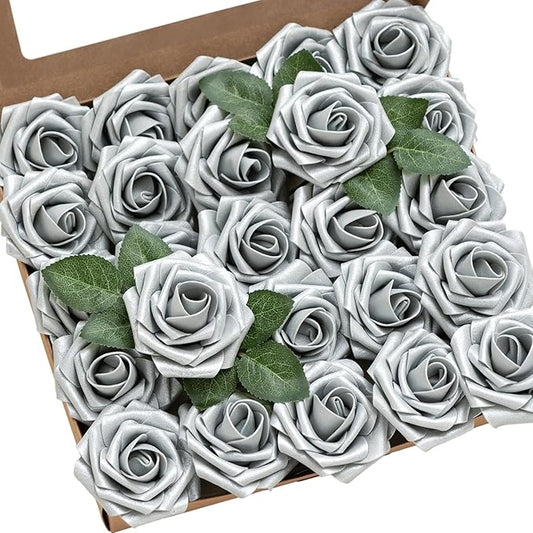 Ling's moment Artificial Flowers 25Pcs Shimmer Grey Roses Decor w/Stems,3" Real Touch DIY Foam Floral for Wedding Bouquet/Centerpieces, Outdoors Party Backdrop, Room/Table, and Garden/Pot Decorations