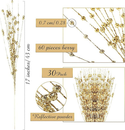 Geosar 30 Pcs Christmas Artificial Glitter Berry Stem Decorations 17 Inch Faux Stick Floral Pick Centerpiece Bouquet Flower Bead Twigs for Centerpiece Tree Wreath Xmas Ornaments Home(Gold)