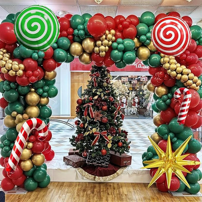 Christmas Balloon Garland Arch Kit, Xmas Red Green Gold Balloons Candy Cane Explosion Star Mylar Foil Balloons for Merry Christmas Ugly Sweater New Year Friendsmas Festival Birthday Party Decorations