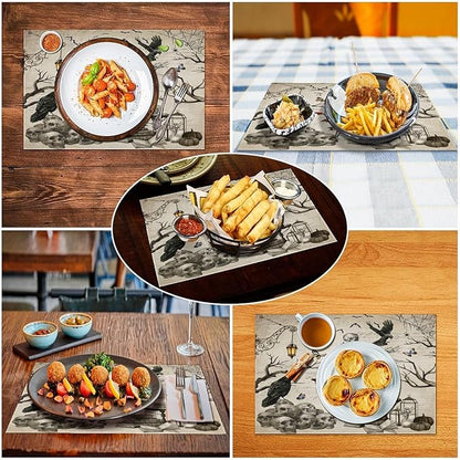Halloween Skeleton Placemats Vintage Country Gothic Dark Raven Misty Spiderweb Placemats Table Kitchen Dining Party 12x18 Inch Set of 4