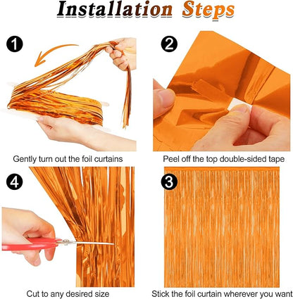 2 Pack Backdrop Curtains, 3.28 FT x 7.05 FT Orange Color Tinsel Backdrop, Metallic Party Streamer Fringe Curtains, Foil Curtains Halloween Decor Birthday Party Supplies