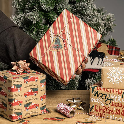 RUSPEPA Christmas Wrapping Paper Set - 4 Rolls of Kraft Wrapping Paper (30 Inches x 10 Feet Per Roll) with 8 Gift Bows, 1 Spools of Bakers Twine, Jute String, 30 Stickers and 30 Gift Tags - Red