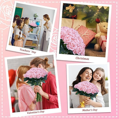 30pcs Fake Roses Artificial Silk Flowers Long Stems Bouquet for Wedding Bridal Shower Party Home Decoration (Pink)