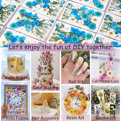146Pcs Dried Pressed Flowers for Crafts,Xinxinran Dry Flowers Kit for Resin Molds,Epoxy Resin Accessories,Bookmark,Nails, Jewelry Molds,Candle Making Supplies,Soap,Frame(Colorful)