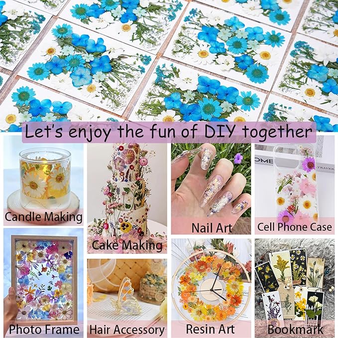 146Pcs Dried Pressed Flowers for Crafts,Xinxinran Dry Flowers Kit for Resin Molds,Epoxy Resin Accessories,Bookmark,Nails, Jewelry Molds,Candle Making Supplies,Soap,Frame