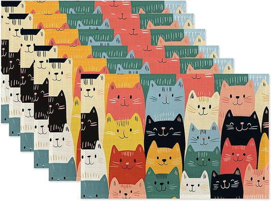 Cute Cat Placemat Set of 6,Heat Resistant Linen Table Mats for Indoor Outdoor Home Kitchen Dining Room Table 12x18Inch