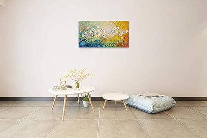 Yihui Arts Hand Painted Textured Floral Oil Painting on Canvas, Vibrant Abstract White Flower Wall Art with Colorful Swirls, Modern Home Decor for Living Room Bedroom