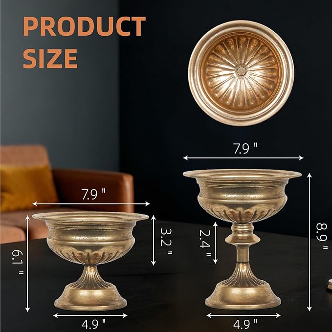 WORTH Gold Color Urn Vases for Centerpieces Set of 2 (Large: 8.8" H x 7.8" Dia. & Small: 6.1" H x 7.8" Dia.) - Classic Metal Trumpet Flower Pots for Table, Bowl Vase for Wedding Party Event Home Decor