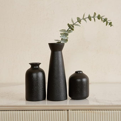 Black Ceramic Vase Set of 3,Small Boho Vase for for Decor,Matte Frosted Texture Finish,Modern Rustic Farmhouse Home Decor,Decorative vase for Pampas Grass&Dried Flowers,Shelf,Table,Mantel,Entryway