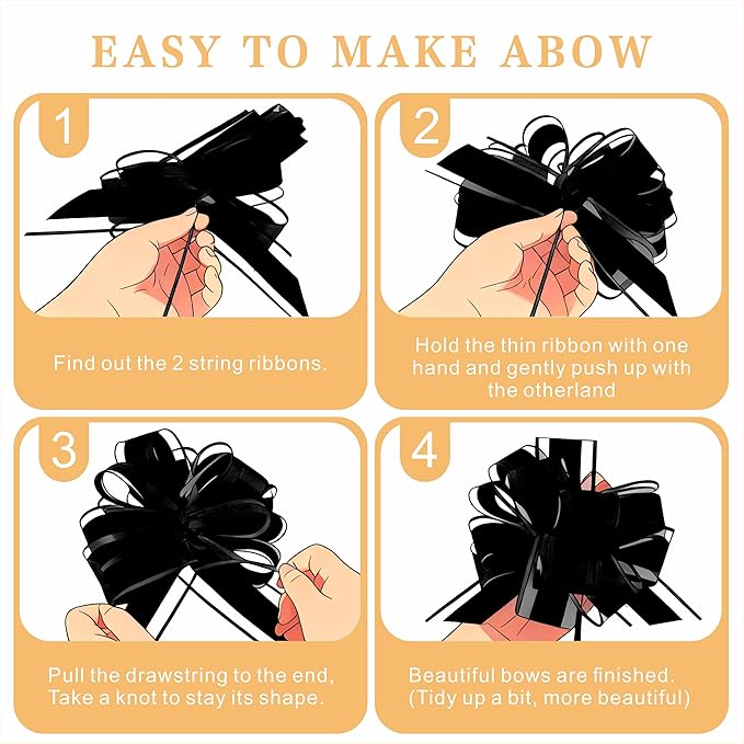 10-Pack Jet Black Pull Bows for Gift Wrapping - 6 Inch Reusable Ribbon Bows, Large Instant Floral Decor Bows for Wedding, Christmas, Birthday Decor, Gift Basket & Party Decorations