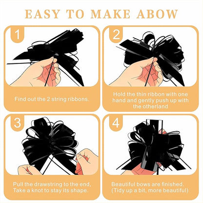 10-Pack Jet Black Pull Bows for Gift Wrapping - 6 Inch Reusable Ribbon Bows, Large Instant Floral Decor Bows for Wedding, Christmas, Birthday Decor, Gift Basket & Party Decorations