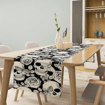 Gothic Table Runner,Black White Skeleton Flower Moth Print Table Runner for Home Kitchen Table Dining Garden Farmhouse Wedding Party Decor 13x120 Inch