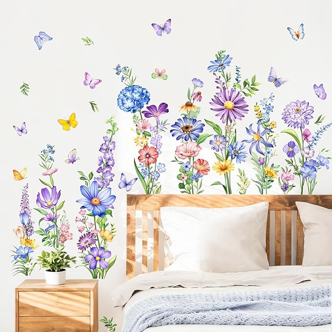 Tanlaby Wildflower Wall Decals Daisy Grass Butterflies Blue Flower Wall Stickers Floral Botanical Wall Art Decor for Baby Nursery Girl Bedroom Living Room Sofa