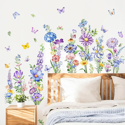 Tanlaby Wildflower Wall Decals Daisy Grass Butterflies Blue Flower Wall Stickers Floral Botanical Wall Art Decor for Baby Nursery Girl Bedroom Living Room Sofa