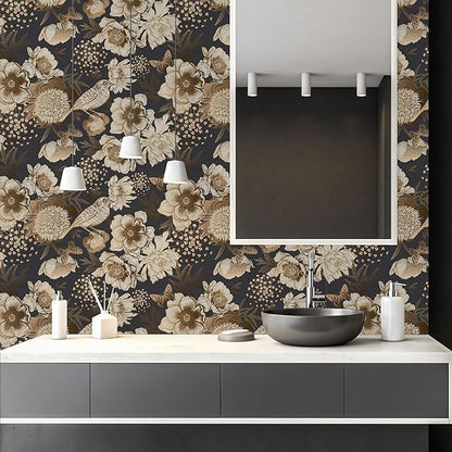Floral & Birds Peel and Stick Wallpaper Antique Gold Dark Self Adhesive Removable Floral Wallpaper for Bedroom Renter Friendly Floral Contact Paper for Bedroom Bathroom Walls Shelf Liner 17.7"x236.2"