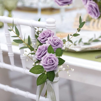 Mocoosy 50Pcs Rose Artificial Flowers, Lilac Fake Roses for Decorations, Light Purple Foam Rose Bulk with Stem DIY Wedding Bouquets Floral Arrangements Bridal Shower Centerpiece Party Home Table Decor