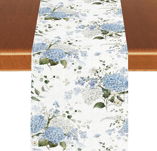 Blue Floral Table Runner, Spring Summer Watercolor Hydrangea Flower Butterfly Country Farmhouse Coffee Table Center Decor for Home Kitchen Dining Patio Holiday Party Table Decorations 13x108 inches