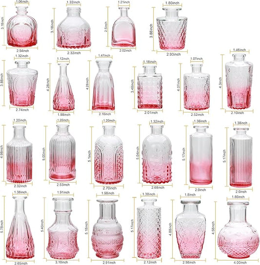Brajttt Bud Vase Set of 25, Pink Glass Vases for Mini Flowers, Cute Vintage Set for Wedding, Home, Centerpieces