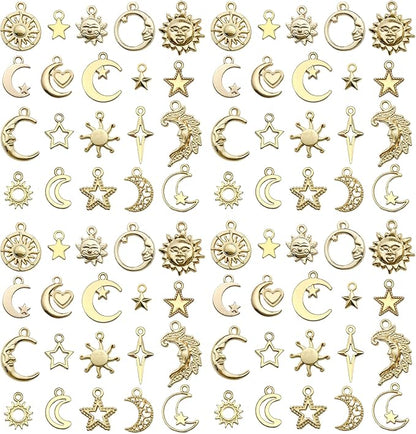 WOCRAFT 60pcs KC Gold Sun Moon Star Charms Bracelet Charms for Jewelry Making Sets DIY Necklace Bracelet Keychain Crafting Charms Kit Craft Supplies (SN836)