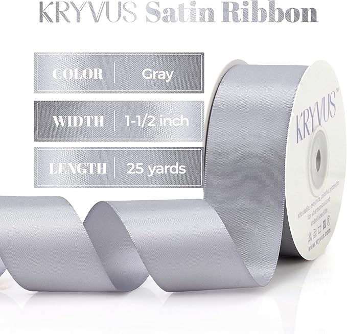 Gray Satin Ribbon, Double Faced 1-1/2 Inch X 25 Yards Gray Ribbon, Premium Satin Ribbon for Gift Wrapping, Crafts, Hair Bow Making, Sewing, Flower Bouquet, Wedding Party Decor