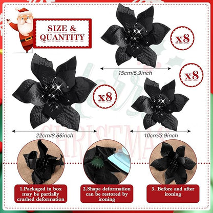 WILLBOND 24 Pcs 3 Size Poinsettia Flower Artificial Christmas Decor Glitter Poinsettia Christmas Ornaments Faux Flowers for Xmas Tree Outdoor(4/6/7.9 Inches,Black)