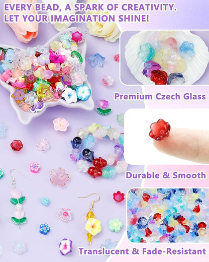 FIVEIZERO 200PCS Glass Lily Bell Flower Beads, 11 Colors Trumpet Crystal Floral Bead Charms for Bracelets, Necklaces & DIY Jewelry Making