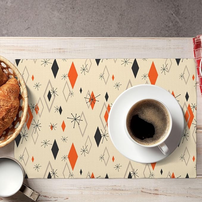 Mid Century Modern Placemats Set of 6,Kitchen Table Mats for Dining Outdoor Home Decor 12x18 Retro Place Mats 6 PCS, Style-16