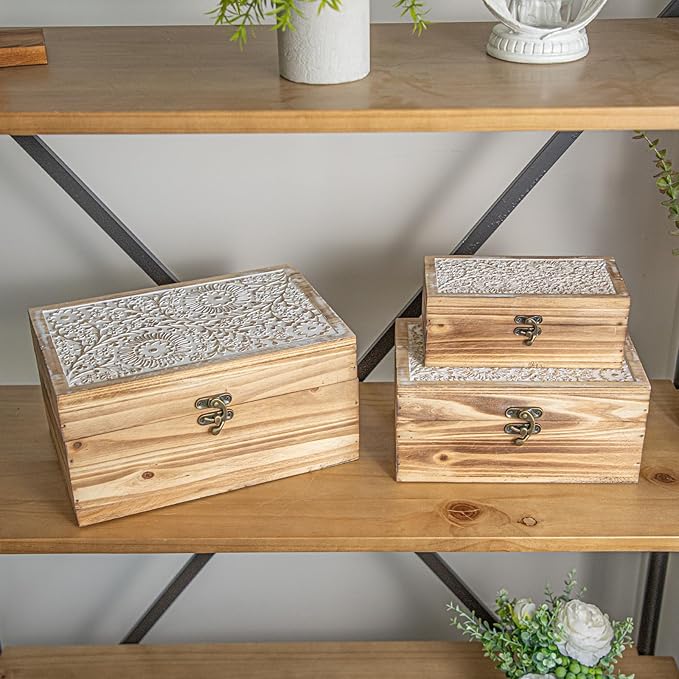 Set of 3 Wood Decorative Boxes, Rustic Farmhouse Keepsake Box Wooden Box with Hinged Lid and Floral Carved Design, Decorative Boxes for Home Decor, Brown
