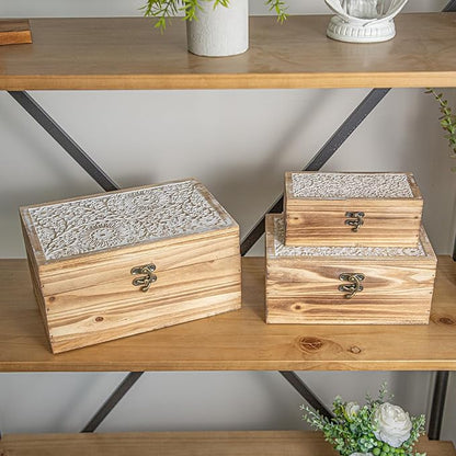 Set of 3 Wood Decorative Boxes, Rustic Farmhouse Keepsake Box Wooden Box with Hinged Lid and Floral Carved Design, Decorative Boxes for Home Decor, Brown