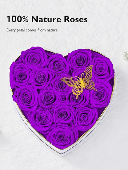 Eterfield 16 Forever Flowers in Heart Shape Box, Preserved Roses That Last a Year Preserved Flowers Birthday Gifts for Her Mom Women Wife Anniversary Valentines Day Mothers Day Christmas, Purple