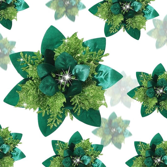 Geosar 36 Pcs Christmas Glitter Artificial Poinsettia Flowers Xmas Poinsettia Artificial Wedding Flowers Decorations Xmas Tree Ornaments with Clips for Party, 6 Inch, 4 Inch, 3 Inch(Grass Green)