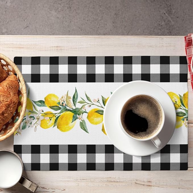 Lemon Linen Placemats Set of 6 Black White Buffalo Plaid Placemats for Indoor Outdoor Party Home Desktop Kitchen Dining Room Decor 12x18 Inch