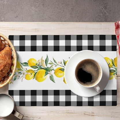 Lemon Linen Placemats Set of 6 Black White Buffalo Plaid Placemats for Indoor Outdoor Party Home Desktop Kitchen Dining Room Decor 12x18 Inch