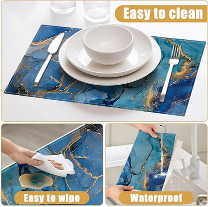 Blue Gold Marble Placemats Set of 6, Linen Place Mat Washable Stain Resistant Table Mats for Farmhouse Kitchen Dining Party Wedding Decor 12x18 Inch