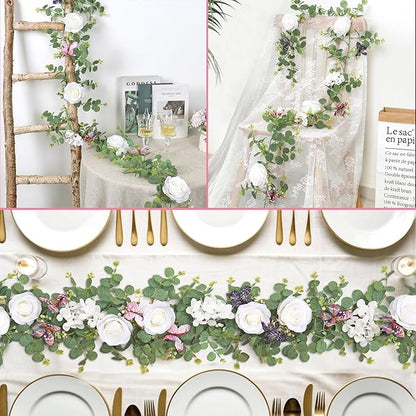 2Pcs 5.9 Ft Artificial Rose Vine Fake Flower Garland White Rose Hydrangea Vines with 3D Butterflies Hanging Floral Eucalyptus Garland for Wedding Party Background Arch Table Wall Home Decor