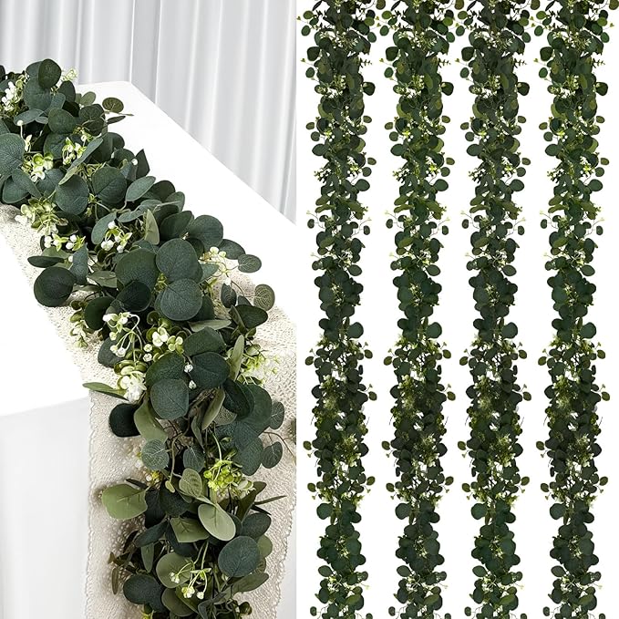 4Pcs Eucalyptus Garland, 6FT Green Flower Garland Decor, Artificial Faux Eucalyptus Leaves Greenery Vines for Table Runner Wedding Bedroom Mantle Centerpieces Backdrop Decorations