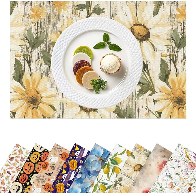 Placemats Set of 4 Waterproof Oilproof Table Mats Oil Painting Daisy Washable Wipeable Heat Resistant Easy to Clean for Indoor Outdoor Party Kitchen Dining Table Decoration 12 * 18in