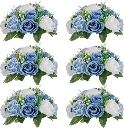 NUPTIO Wedding Floral Centerpieces for Tables: 6 Pcs Dusty Blue & White Fake Flower Ball for Weddings Party - Artificial Rose Arrangements for Birthday Bridal Shower Decorations