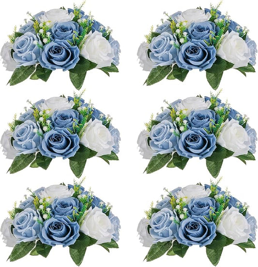 NUPTIO Wedding Floral Centerpieces for Tables: 6 Pcs Dusty Blue & White Fake Flower Ball for Weddings Party - Artificial Rose Arrangements for Birthday Bridal Shower Decorations