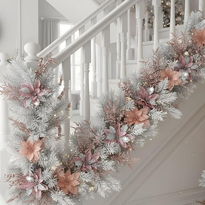 60 Pcs Christmas Glitter Branches 6 Styles Artificial Christmas Picks Berries Stems Poinsettia Flowers Pine Needles Floral Twig Spray for Xmas Tree Ornaments DIY Wreath Garland(Rose Gold)