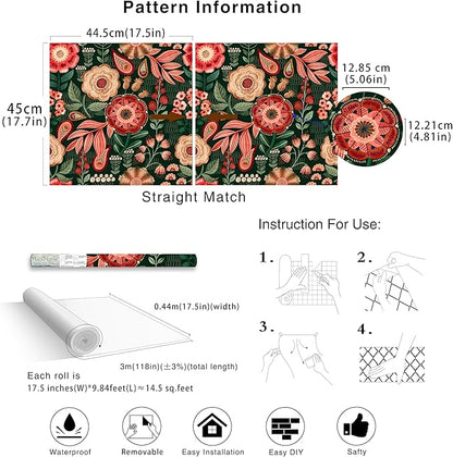 HAOKHOME Peel and Stick Wallpaper Boho Vintage Dark Floral Wall Paper Cottagecore for Bedroom Bathroom Accent Wall Green/Red/Cream 17.3in x 9.8ft